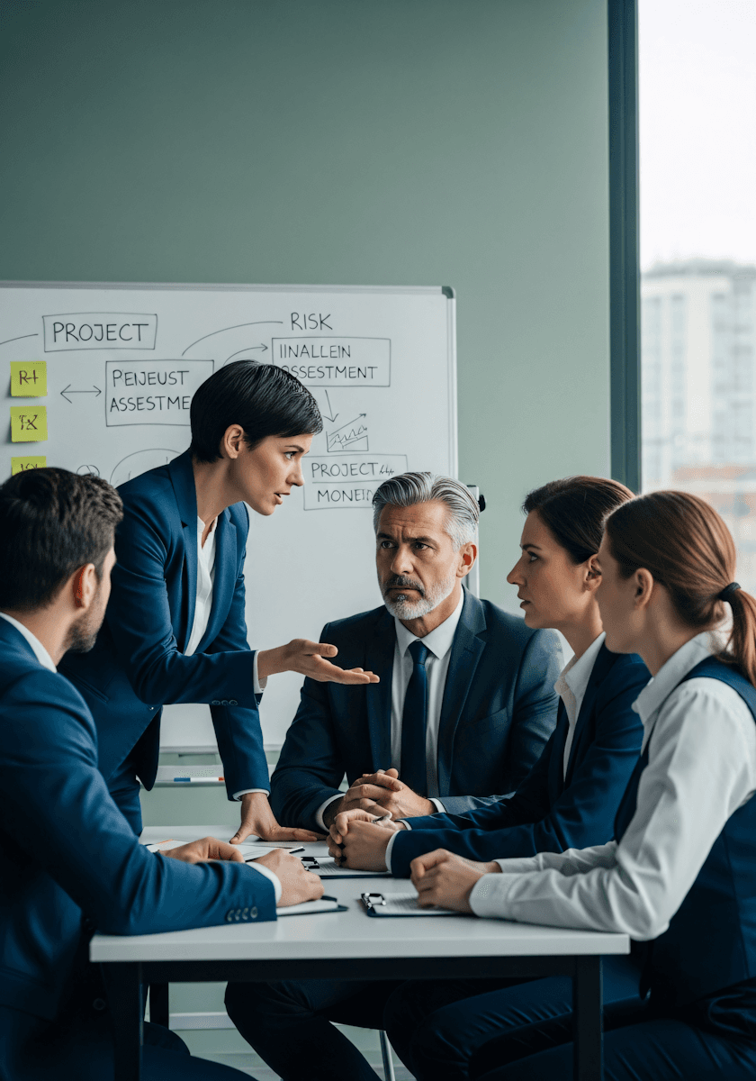 Consultante RH animant une réunion stratégique avec des dirigeants en entreprise